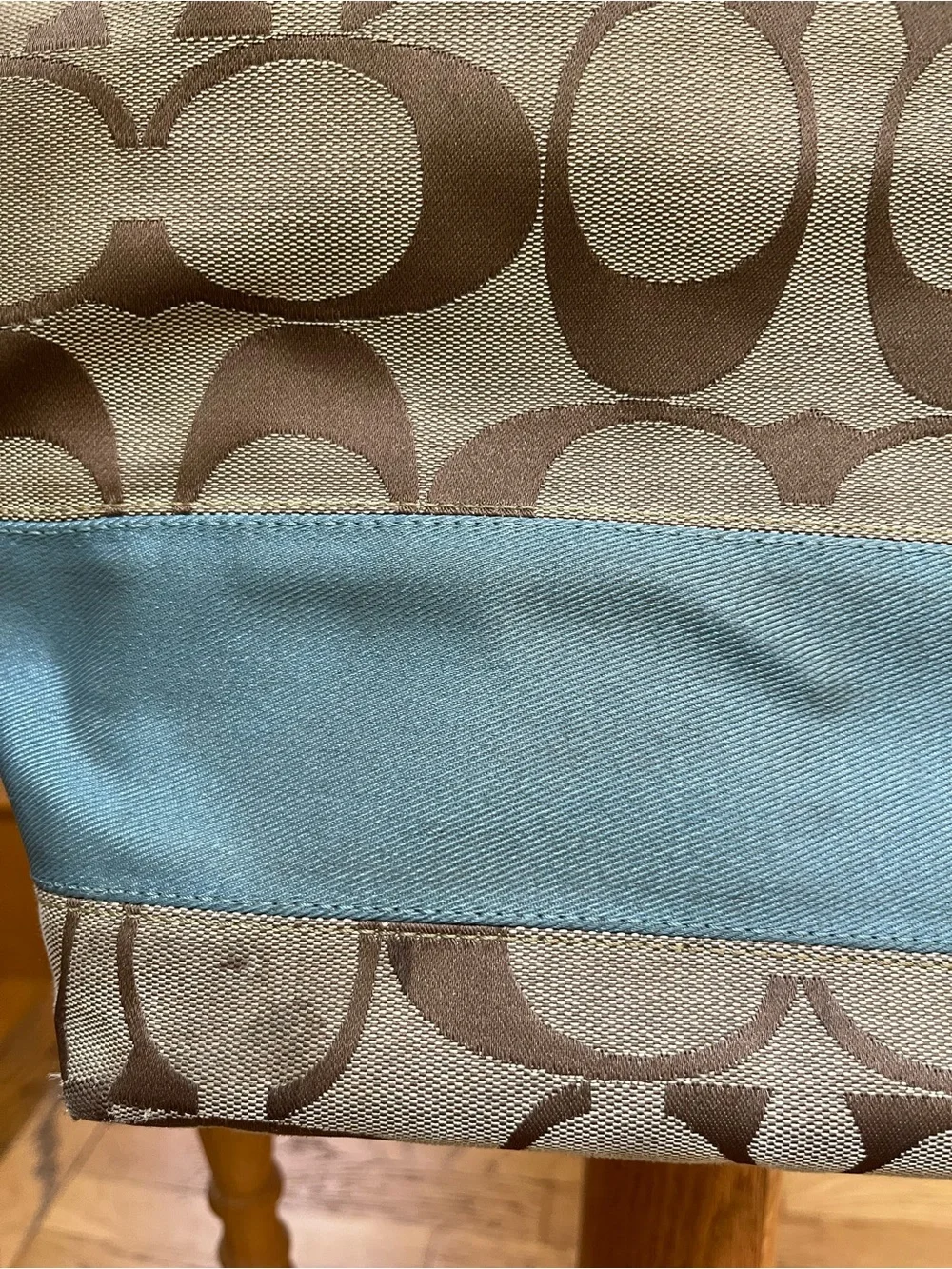 Coach Brown Signature Canvas Tote with Light Blue Trim